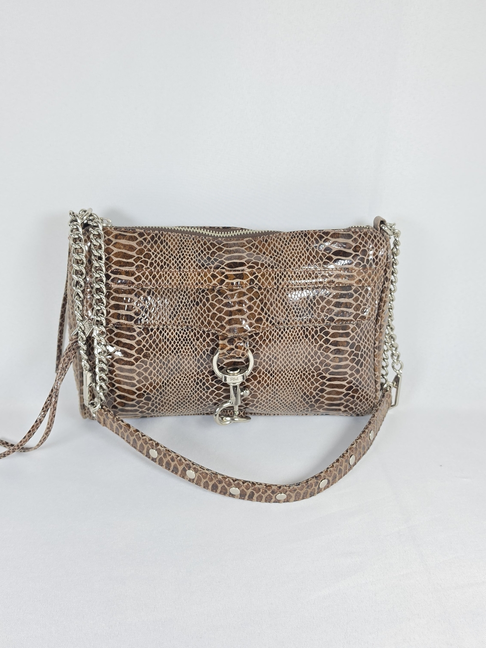 Rebecca Minkoff Brown Snake Embossed MAC Bag Silver Chain Crossbody Clutch